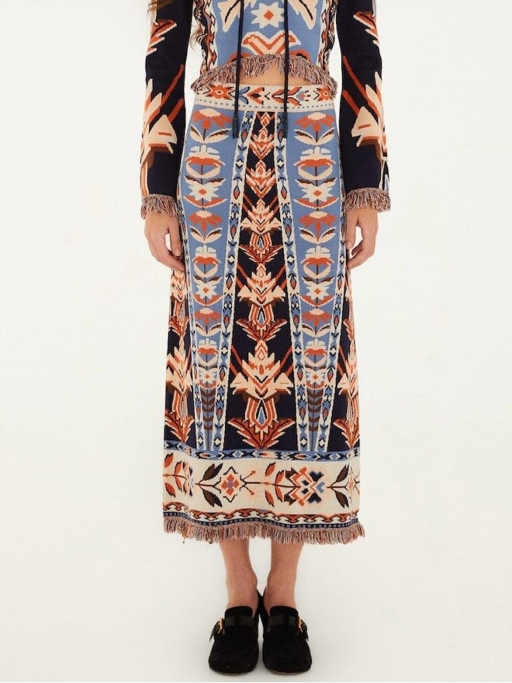 NWT FARM Rio Multicolor Tapestry Fringes Knit Midi Skirt size small reg $180 - Picture 2 of 10